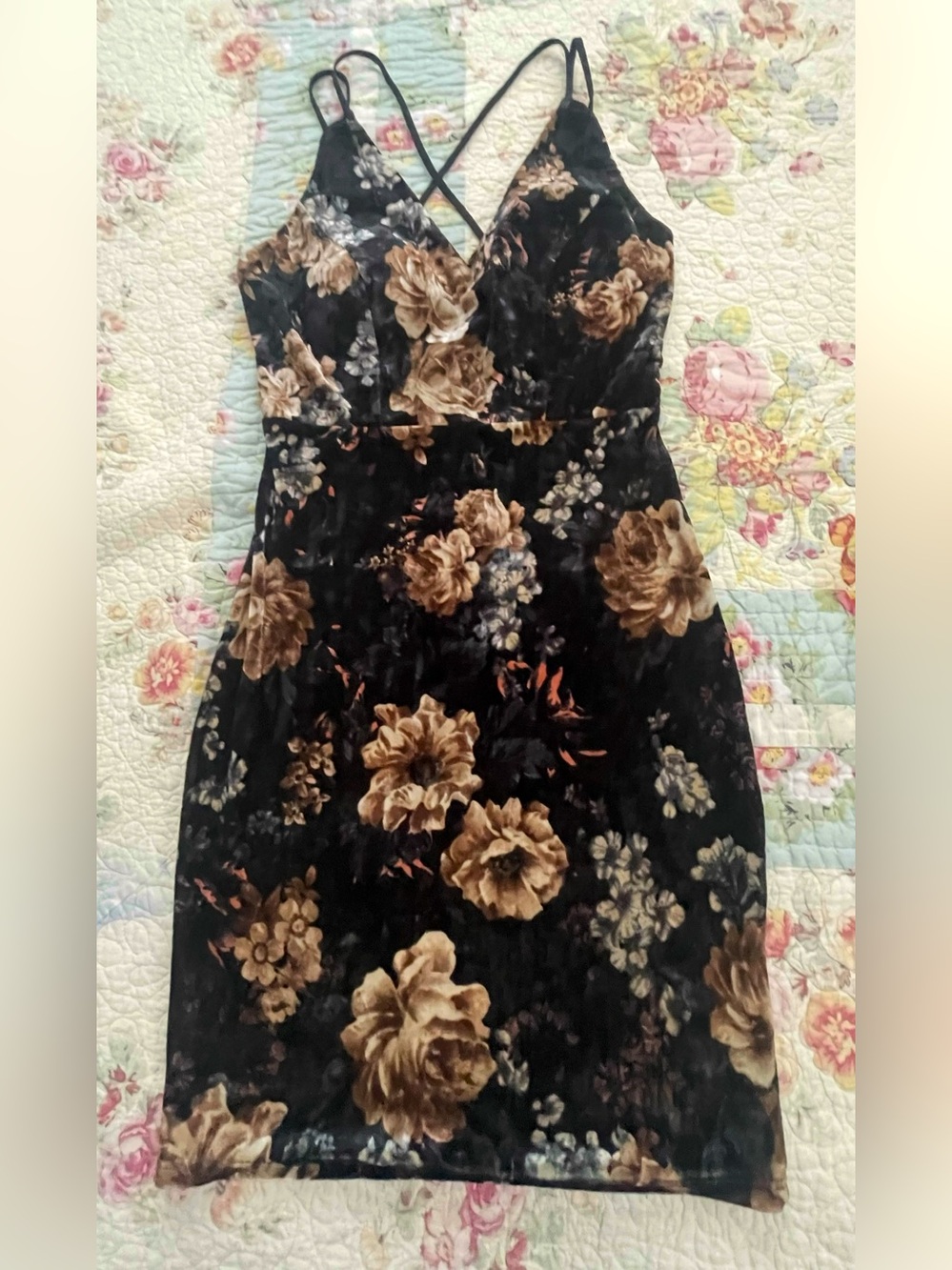 January 7 Black Velvet Floral Midi Dress with Brown Roses